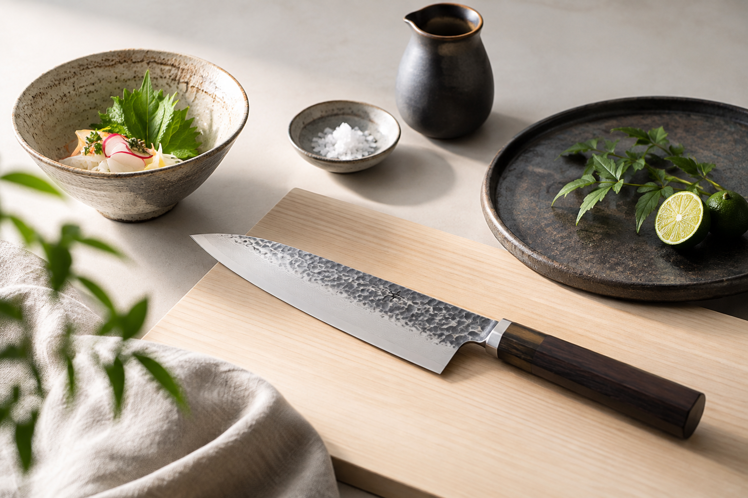 Japanese kitchen knife and minimalist ceramic tableware styled on a warm light surface
