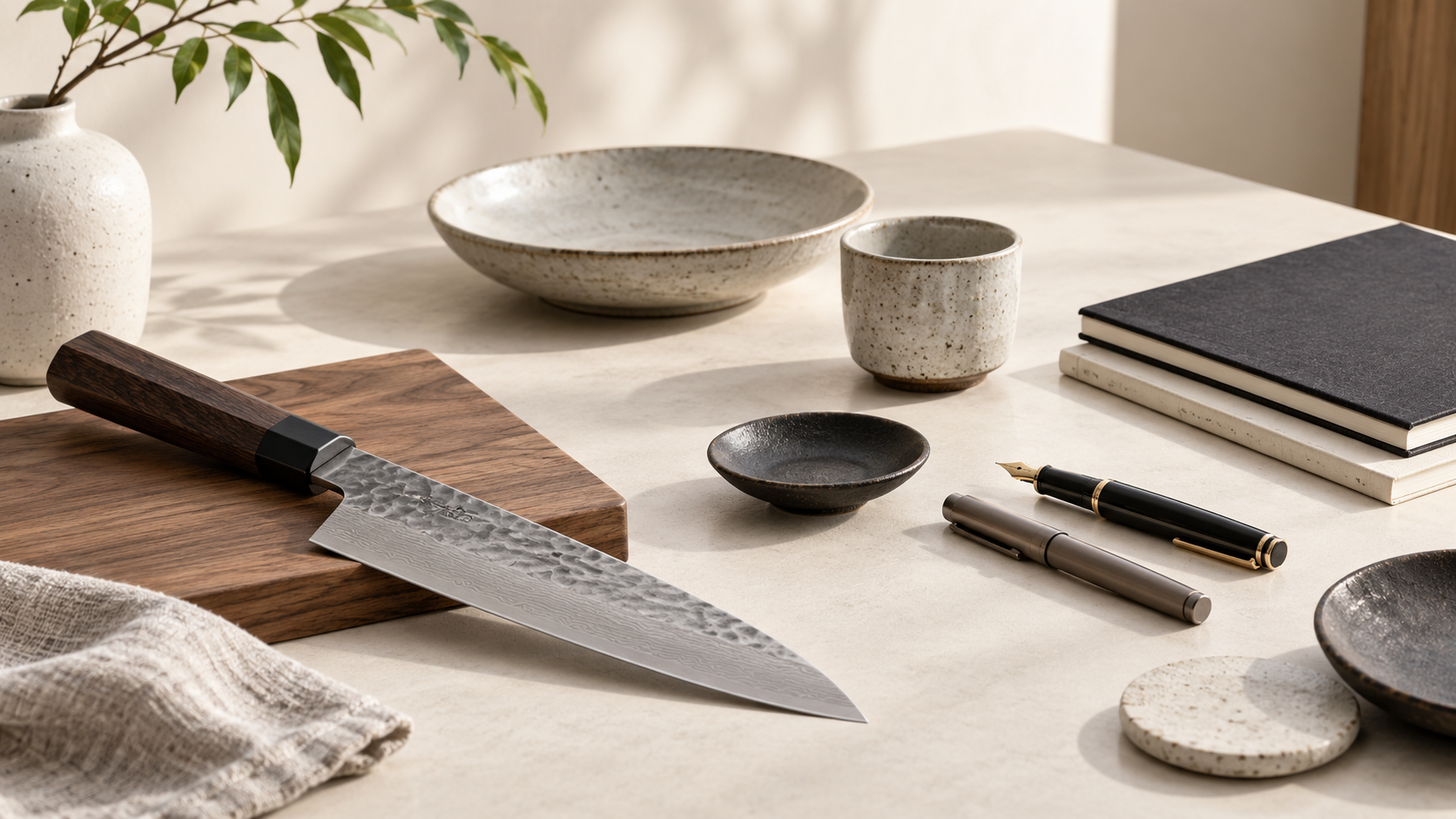 Japanese kitchen knife, fountain pens, notebooks, and ceramic tableware on a warm neutral surface